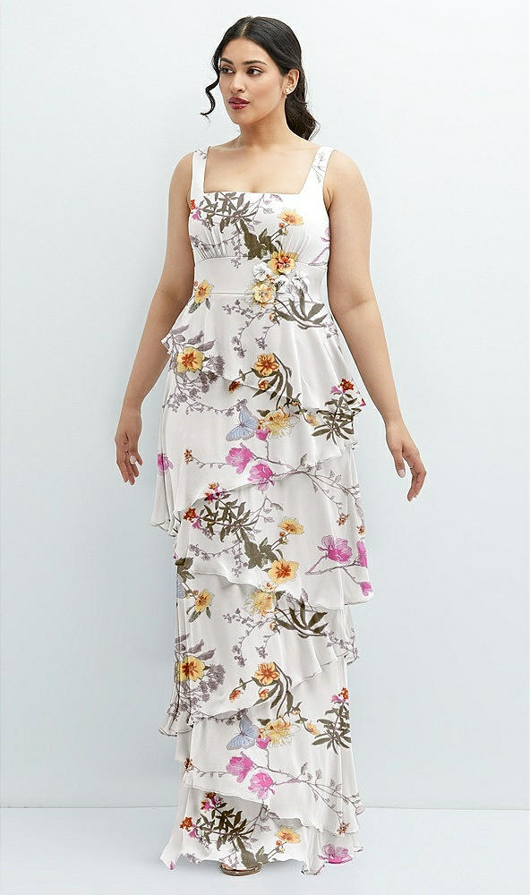 Front View - Butterfly Botanica Ivory Asymmetrical Tiered Ruffle Chiffon Maxi Dress with Handworked Flowers Detail