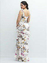 Rear View Thumbnail - Butterfly Botanica Ivory Asymmetrical Tiered Ruffle Chiffon Maxi Dress with Handworked Flowers Detail