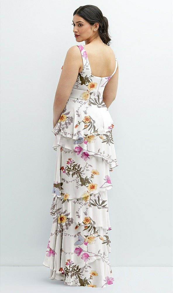 Back View - Butterfly Botanica Ivory Asymmetrical Tiered Ruffle Chiffon Maxi Dress with Handworked Flowers Detail