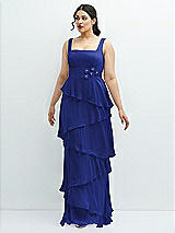 Front View Thumbnail - Cobalt Blue Asymmetrical Tiered Ruffle Chiffon Maxi Dress with Handworked Flowers Detail