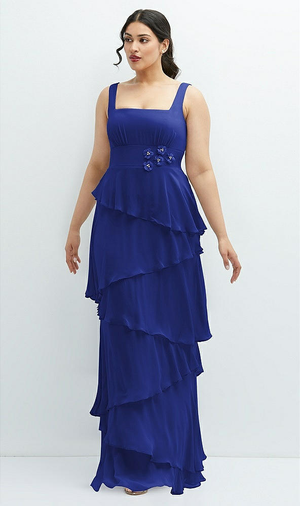 Front View - Cobalt Blue Asymmetrical Tiered Ruffle Chiffon Maxi Dress with Handworked Flowers Detail