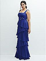 Side View Thumbnail - Cobalt Blue Asymmetrical Tiered Ruffle Chiffon Maxi Dress with Handworked Flowers Detail
