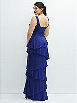 Rear View Thumbnail - Cobalt Blue Asymmetrical Tiered Ruffle Chiffon Maxi Dress with Handworked Flowers Detail