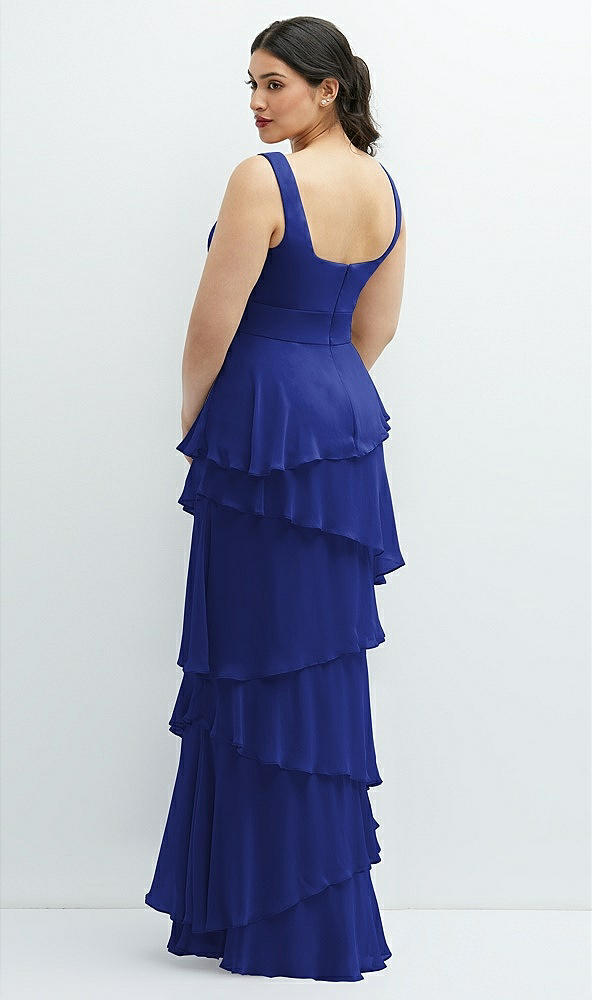 Back View - Cobalt Blue Asymmetrical Tiered Ruffle Chiffon Maxi Dress with Handworked Flowers Detail