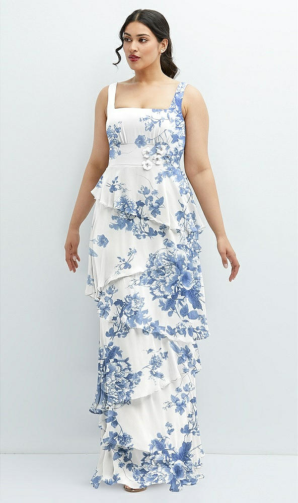 Front View - Cottage Rose Dusk Blue Asymmetrical Tiered Ruffle Chiffon Maxi Dress with Handworked Flowers Detail