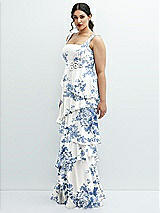 Side View Thumbnail - Cottage Rose Dusk Blue Asymmetrical Tiered Ruffle Chiffon Maxi Dress with Handworked Flowers Detail
