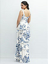 Rear View Thumbnail - Cottage Rose Dusk Blue Asymmetrical Tiered Ruffle Chiffon Maxi Dress with Handworked Flowers Detail