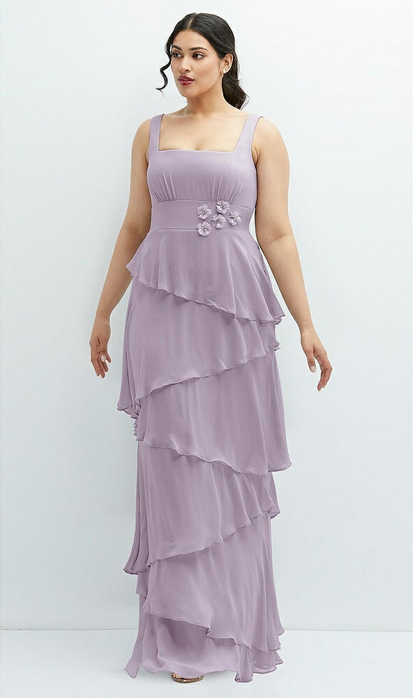 Front View - Lilac Haze Asymmetrical Tiered Ruffle Chiffon Maxi Dress with Handworked Flowers Detail