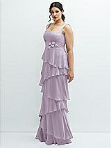 Side View Thumbnail - Lilac Haze Asymmetrical Tiered Ruffle Chiffon Maxi Dress with Handworked Flowers Detail