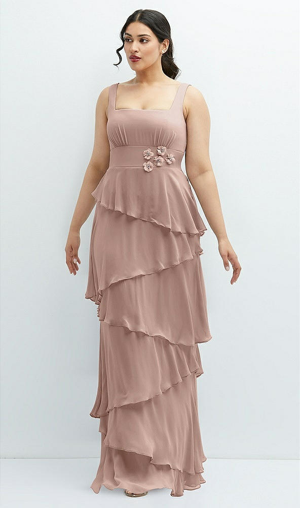 Front View - Neu Nude Asymmetrical Tiered Ruffle Chiffon Maxi Dress with Handworked Flowers Detail