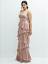 Side View Thumbnail - Neu Nude Asymmetrical Tiered Ruffle Chiffon Maxi Dress with Handworked Flowers Detail