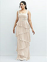 Front View Thumbnail - Oat Asymmetrical Tiered Ruffle Chiffon Maxi Dress with Handworked Flowers Detail