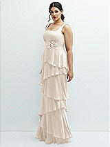 Side View Thumbnail - Oat Asymmetrical Tiered Ruffle Chiffon Maxi Dress with Handworked Flowers Detail