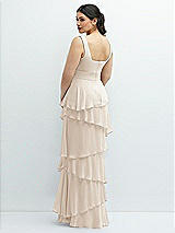 Rear View Thumbnail - Oat Asymmetrical Tiered Ruffle Chiffon Maxi Dress with Handworked Flowers Detail