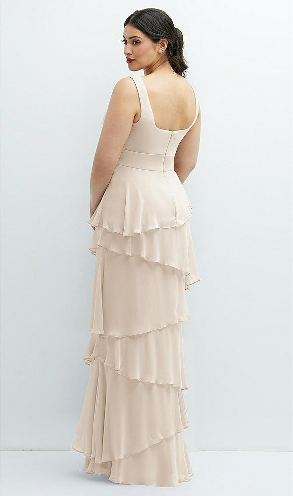 Back View - Oat Asymmetrical Tiered Ruffle Chiffon Maxi Dress with Handworked Flowers Detail