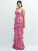 Side View Thumbnail - Orchid Pink Asymmetrical Tiered Ruffle Chiffon Maxi Dress with Handworked Flowers Detail