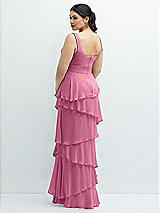 Rear View Thumbnail - Orchid Pink Asymmetrical Tiered Ruffle Chiffon Maxi Dress with Handworked Flowers Detail