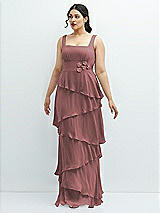 Front View Thumbnail - Rosewood Asymmetrical Tiered Ruffle Chiffon Maxi Dress with Handworked Flowers Detail