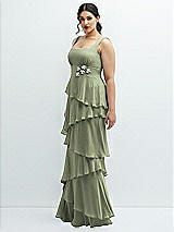 Side View Thumbnail - Sage Asymmetrical Tiered Ruffle Chiffon Maxi Dress with Handworked Flowers Detail