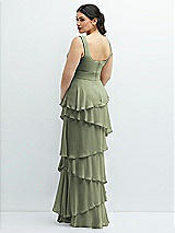 Rear View Thumbnail - Sage Asymmetrical Tiered Ruffle Chiffon Maxi Dress with Handworked Flowers Detail