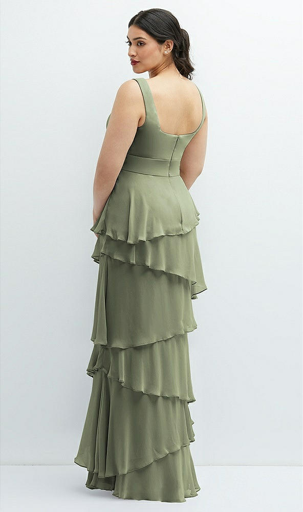 Back View - Sage Asymmetrical Tiered Ruffle Chiffon Maxi Dress with Handworked Flowers Detail