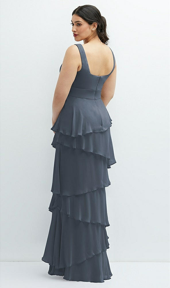 Back View - Silverstone Asymmetrical Tiered Ruffle Chiffon Maxi Dress with Handworked Flowers Detail
