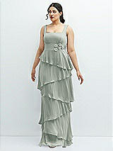 Front View Thumbnail - Willow Green Asymmetrical Tiered Ruffle Chiffon Maxi Dress with Handworked Flowers Detail