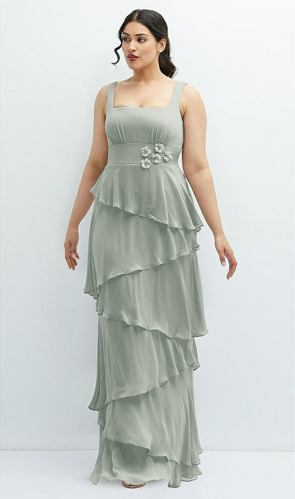 Front View - Willow Green Asymmetrical Tiered Ruffle Chiffon Maxi Dress with Handworked Flowers Detail