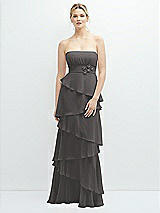 Front View Thumbnail - Caviar Gray Strapless Asymmetrical Tiered Ruffle Chiffon Maxi Dress with Handworked Flower Detail