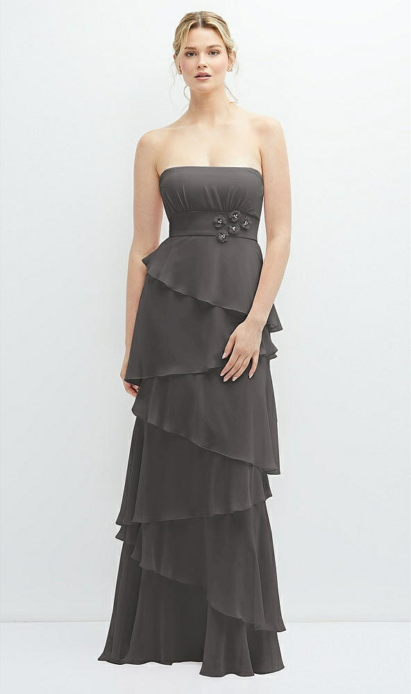 Front View - Caviar Gray Strapless Asymmetrical Tiered Ruffle Chiffon Maxi Dress with Handworked Flower Detail