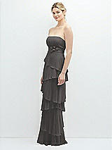 Side View Thumbnail - Caviar Gray Strapless Asymmetrical Tiered Ruffle Chiffon Maxi Dress with Handworked Flower Detail