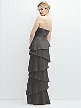 Rear View Thumbnail - Caviar Gray Strapless Asymmetrical Tiered Ruffle Chiffon Maxi Dress with Handworked Flower Detail