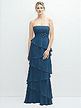 Front View Thumbnail - Dusk Blue Strapless Asymmetrical Tiered Ruffle Chiffon Maxi Dress with Handworked Flower Detail