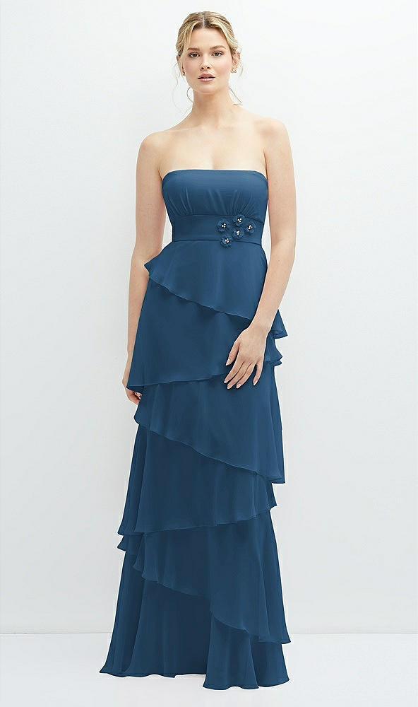 Front View - Dusk Blue Strapless Asymmetrical Tiered Ruffle Chiffon Maxi Dress with Handworked Flower Detail