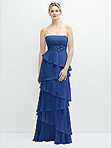 Front View Thumbnail - Classic Blue Strapless Asymmetrical Tiered Ruffle Chiffon Maxi Dress with Handworked Flower Detail