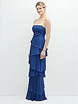 Side View Thumbnail - Classic Blue Strapless Asymmetrical Tiered Ruffle Chiffon Maxi Dress with Handworked Flower Detail