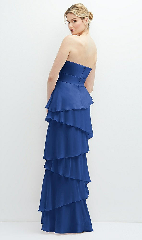 Back View - Classic Blue Strapless Asymmetrical Tiered Ruffle Chiffon Maxi Dress with Handworked Flower Detail