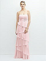 Front View Thumbnail - Ballet Pink Strapless Asymmetrical Tiered Ruffle Chiffon Maxi Dress with Handworked Flower Detail