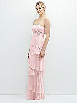 Side View Thumbnail - Ballet Pink Strapless Asymmetrical Tiered Ruffle Chiffon Maxi Dress with Handworked Flower Detail
