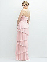 Rear View Thumbnail - Ballet Pink Strapless Asymmetrical Tiered Ruffle Chiffon Maxi Dress with Handworked Flower Detail