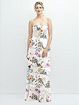 Front View Thumbnail - Butterfly Botanica Ivory Strapless Asymmetrical Tiered Ruffle Chiffon Maxi Dress with Handworked Flower Detail