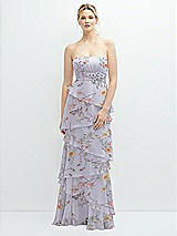 Front View Thumbnail - Butterfly Botanica Silver Dove Strapless Asymmetrical Tiered Ruffle Chiffon Maxi Dress with Handworked Flower Detail