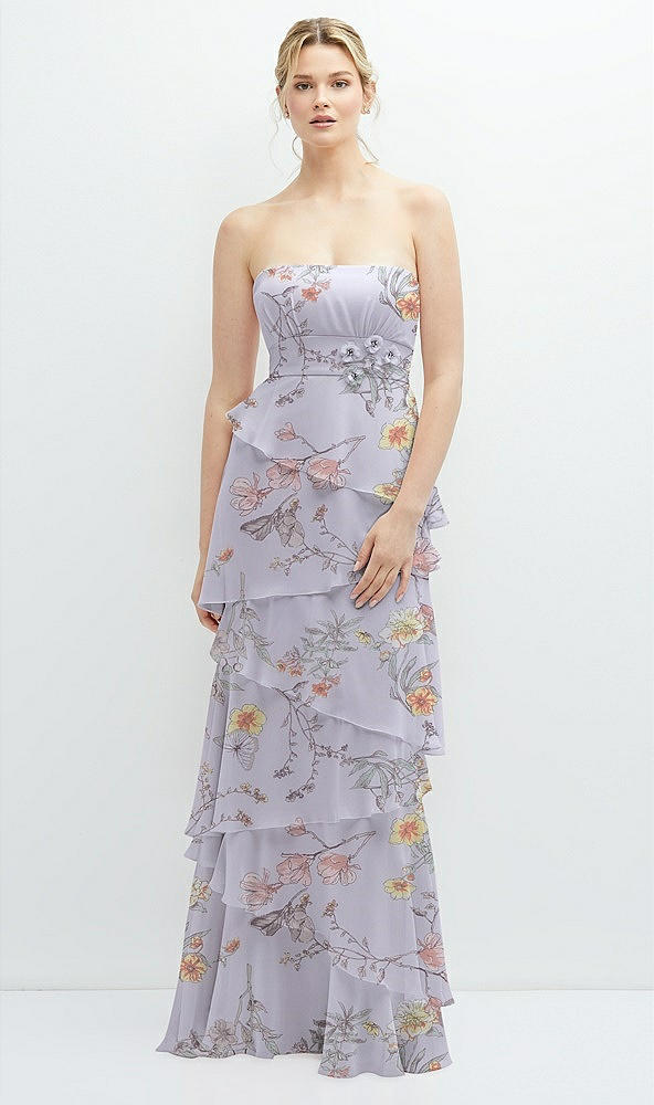 Front View - Butterfly Botanica Silver Dove Strapless Asymmetrical Tiered Ruffle Chiffon Maxi Dress with Handworked Flower Detail