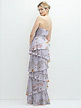 Rear View Thumbnail - Butterfly Botanica Silver Dove Strapless Asymmetrical Tiered Ruffle Chiffon Maxi Dress with Handworked Flower Detail