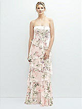Front View Thumbnail - Blush Garden Strapless Asymmetrical Tiered Ruffle Chiffon Maxi Dress with Handworked Flower Detail