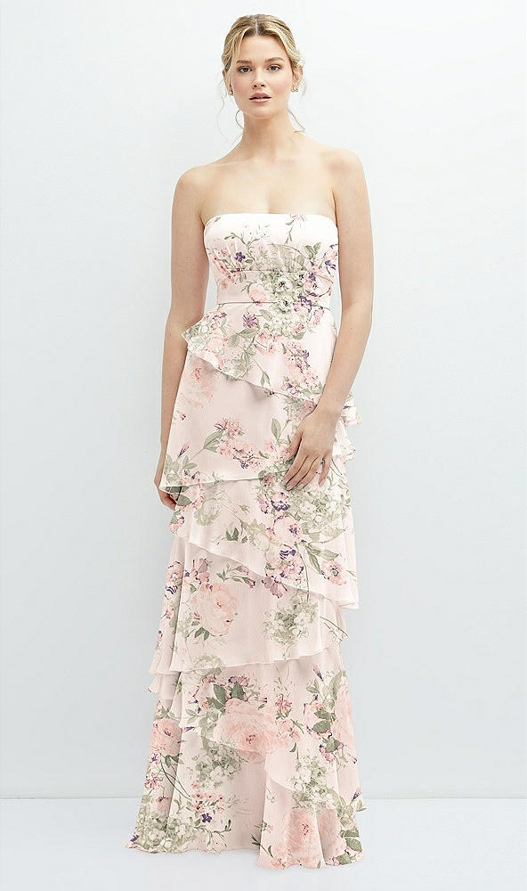 Front View - Blush Garden Strapless Asymmetrical Tiered Ruffle Chiffon Maxi Dress with Handworked Flower Detail