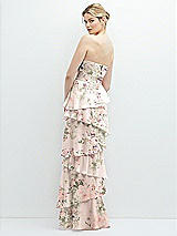 Rear View Thumbnail - Blush Garden Strapless Asymmetrical Tiered Ruffle Chiffon Maxi Dress with Handworked Flower Detail