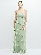 Front View Thumbnail - Celadon Strapless Asymmetrical Tiered Ruffle Chiffon Maxi Dress with Handworked Flower Detail