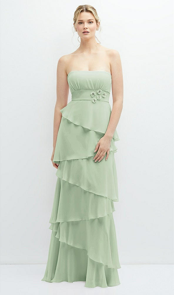 Front View - Celadon Strapless Asymmetrical Tiered Ruffle Chiffon Maxi Dress with Handworked Flower Detail