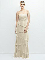 Front View Thumbnail - Champagne Strapless Asymmetrical Tiered Ruffle Chiffon Maxi Dress with Handworked Flower Detail